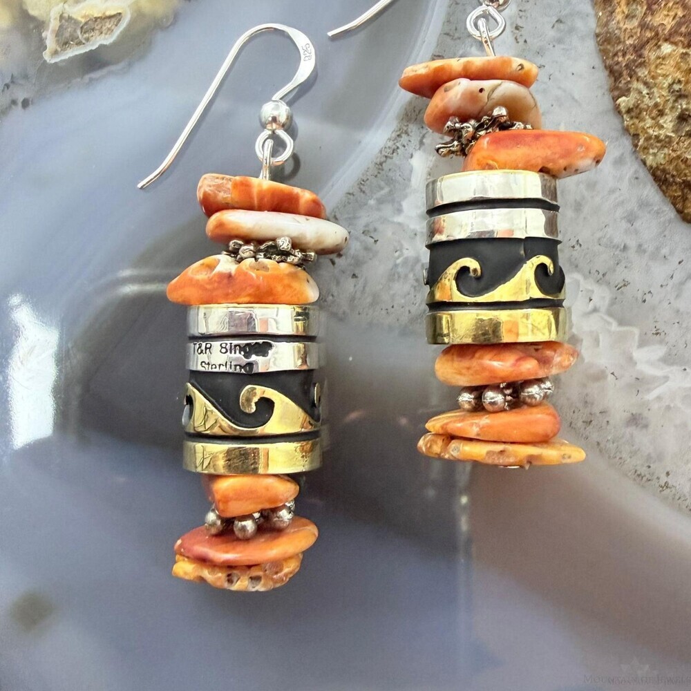 Tommy & Rosita Singer Sterling Silver Orange Spiny Oyster Beads Dangle Earrings